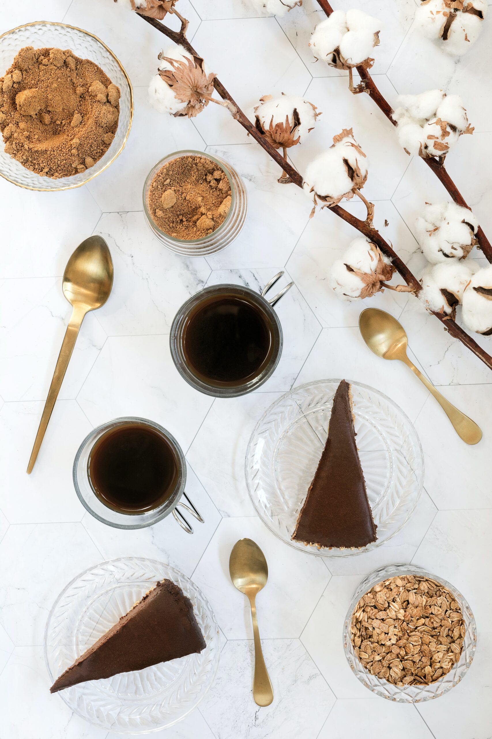 a table topped with plates of food and cups of coffee